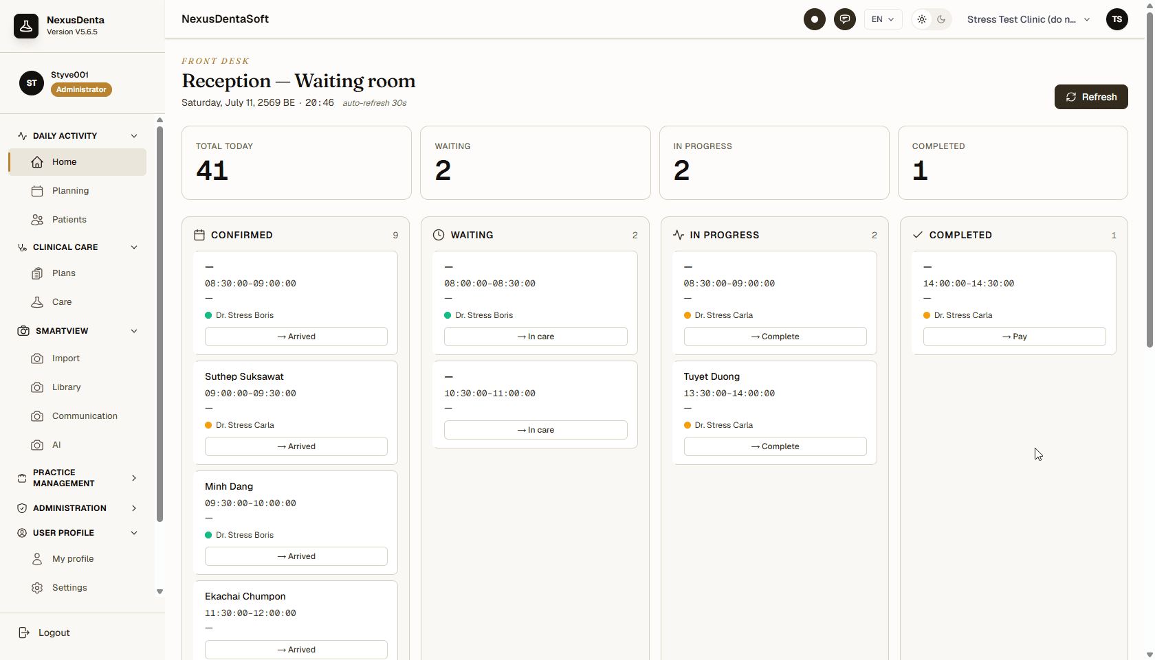 Reception dashboard showing confirmed, waiting, in progress and completed patients